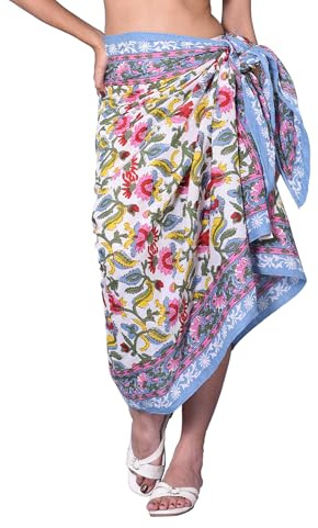 FIKIMOS Cotton Hand Block Print Sarong Women's Swimsuit Wrap Cover Up Long (73 x 44) Multicoloured One Size Red-6 Sarong