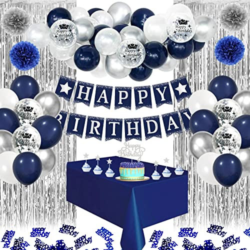 Geburtstagsdeko Mann, Happy Birthday Banner, Konfetti Luftballon, Marineblau Silber und Weiß Latex Luftballon Tortendeko Pompoms für Mädchen Junge Frauen Hochzeit Party