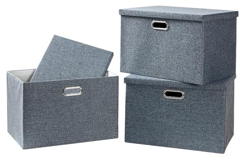 AlphaHome Fabric Storage Boxes with Lids [3 Pack], Foldable Linen Fabric Storage Baskets for Organising Clothes and Toys (Slate Grey, Large)