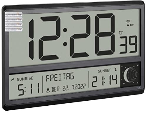 TFA Dostmann 60.4524.01 Horloge murale numérique XL radio-pilotée avec lever et coucher du soleil, alarme de réveil, grands chiffres, phases de la lune, silencieuse (noir avec piles)