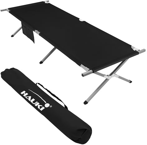 Hauki Cama de Camping XL Plegable 210x83x46 cm Marco Metálico con Bolsa Lateral y de Transporte Camilla Negra Pórtatil Resistente con Capacidad de Carga de 150 kg Tumbona de Acampada Aire Libre