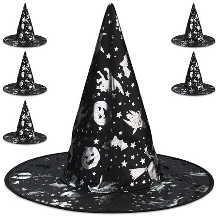 Relaxdays Chapeau de sorcière, Lot de 6, Couvert de Motifs effrayants, pour Halloween et Carnaval, Noir et argenté