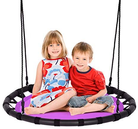 GYMAX Kids Nest Swing, 40”/100cm Round Tree Swings with Height Adjustable Hanging Ropes, Indoor Outdoor Children Saucer Swing for Backyard Garden, 150kg Capacity (Purple)