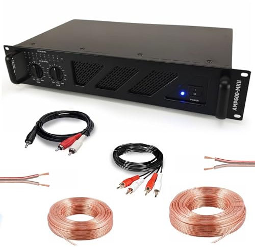 Ibiza – Pack amplificador de sonido 2 x 480 W AMP600MKII – Cable HP altavoz 3 m – Cable RCA – Cable PC/RCA