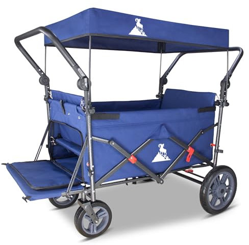 TOPWELL Bollerwagen faltbar mit 2 Sitzen | Handwagen klappbar mit Dach, Sicherheitsgurten & Bremse | Transportwagen mit hoher Stabilität (120 kg Tragkraft) (blau)