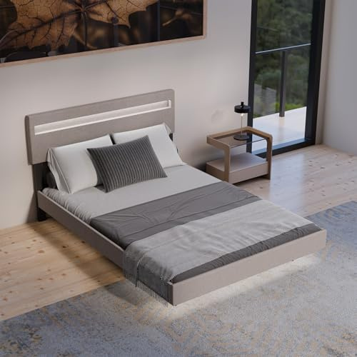 Juskys Schwebebett Lissabon 140x200 cm beige - Polsterbett mit LED, Lattenrost und Kopfstütze - Modernes Bett mit Holz Bettgestell und Leinen