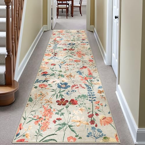 HUGEAR Beige Waschbarer Läufer Teppich Flur 80x300cm Blumenmuster Bettvorleger Blumen Boho Modern Küchen Wohnzimmer Schlafzimmer Teppiche rutschfest Kurzflor Weich Flurläufer Teppichläufer