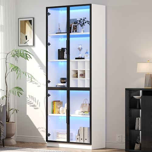 Vitrina con puertas de cristal, 80 x 35 x 200 cm, armario alto, librería, vitrina de pie, elegante aparador con puertas dobles, estantería de cristal y soporte para vino