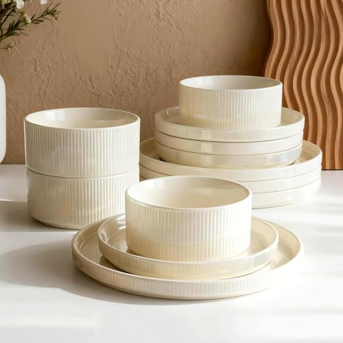 Richmount Star Dinner Set for 4, 12-Piece Modern Porcelain Plates and Bowls Set with Rust-Red Trim, Chip Resistant Dinnerware, Microwave & Dishwasher Safe, Ceramic Dish Set Service for 4, Cream