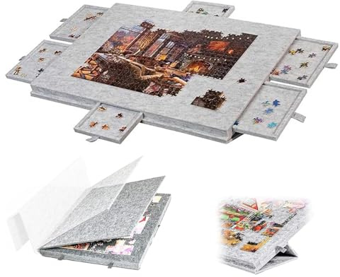 Tablero de rompecabezas plegable, mesa de juego portátil con soporte y cubierta 2 en 1, 6 cajones para rompecabezas de 1000 piezas, tablero de fieltro ligero para adultos y niños (blanco)