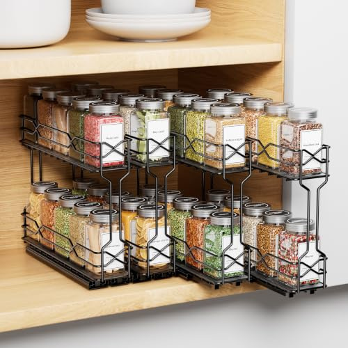 ZDDLOINP utdragbar kryddhylla för skåp, kraftiga kryddställ, 4-pack glidande kryddställ organiserare | Modulär 4-pack, kraftiga dubbla glidskenor, premium metallkonstruktion, enkel installation, skåporganisatör, platsbesparande