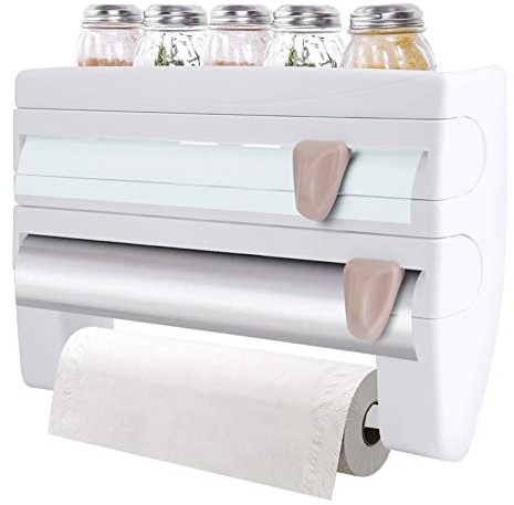 Wandrollenhalter, Küche 3-Fach Folienschneider Küchenrollenhalter Papierrollenhalter mit 3 Rollenhaltern und Abstellfläche für Gewürze 39 x 10 x 24 cm weiß