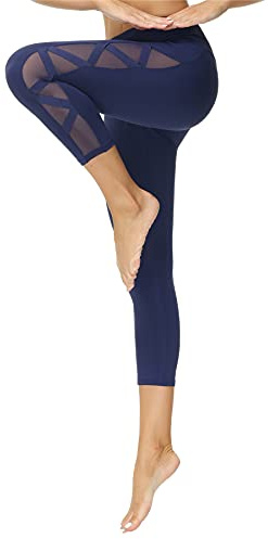 romansong dam nätleggings yogabyxor med ficka, inte genomskinliga, capri-hög midja magkontroll 4-vägs stretch, Marinblå-capri, XS