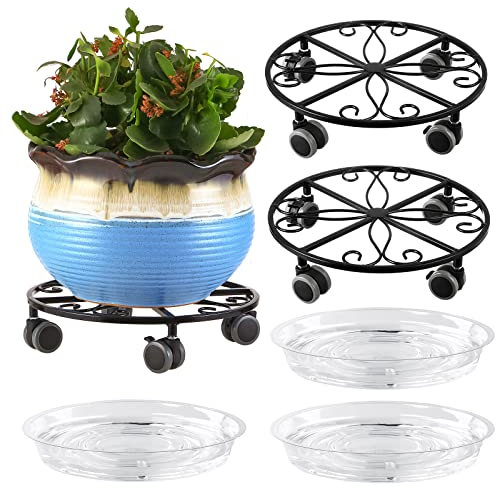 3 Pack Plant Caddy with Wheels Heavy Duty 11.8 Inches Metal Plant Stand with Wheels Plant Dolly Rolling Plant Stand Plant Roller with Casters for Indoor and Outdoor (3, Black)