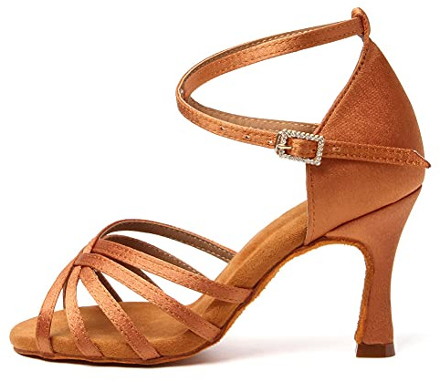 SWDZM Scarpe da Ballo Latino con Tacco Alto da Donna Scarpe da Ballo Professionali in Raso Standard,Marrone,35EU