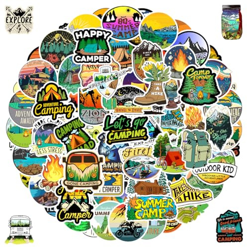 MARSFORCE Camping vandringsklistermärken, present till barn tonåringar vuxna, vattentäta vinyldekaler för laptop vattenflaskor skateboard cykel bilhjälm resa bagage gitarr leksak telefoner