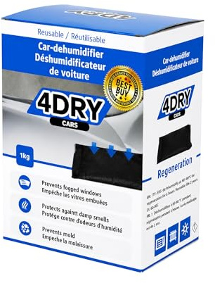 4DRY Car 1kg - Deumidificatore granulato per parabrezza auto appannati in inverno, per prevenire muffe, ruggine e odori, 1 stucco, assorbe l'umidità fino a 800 ml