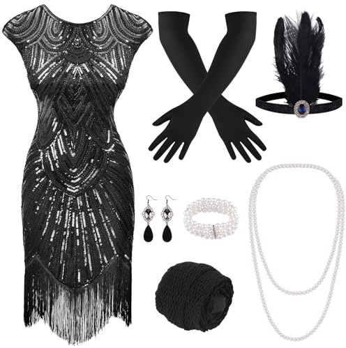 PLULON Robe à clapet à franges et perles des années 1920 avec ensemble d'accessoires des années 20 (noir)