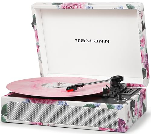 Vintage 3-Speed Record Player with Built-in Speakers, Retro LP Vinyl Player Portable Turntable with USB Recording, Bluetooth Playback, RCA/AUX/Headphone Jack, Rose Floral