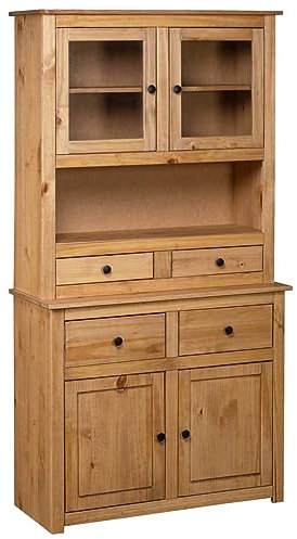 NITCA Küchenschrank Natur Hochschrank Küchenschrank Vitrinenschrank Standvitrine Buffetschrank Küchenbuffet für Wohnzimmer, Küche, Esszimmer, 93x40,5x180 cm, Massivholz