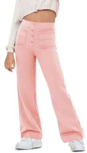 Haloumoning Pantalones acampanados de yoga para niña, con botones, cintura alta, con bolsillos, Rosa., 6-8 años