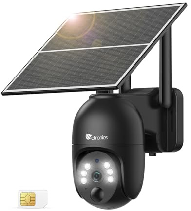Ctronics 2K 4G LTE Camara Vigilancia Exterior Solar, PTZ IP Cámara Vigilancia Sim Sin Cables, 10400mAh Batería, PC/Cloud/FTP, Visión Nocturna Color, Detección Movimiento PIR (Negro)