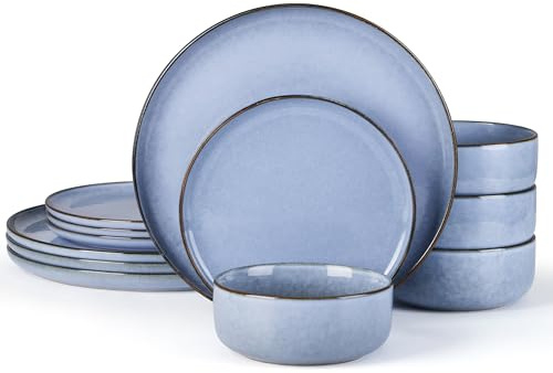 E-far 12-Piece Reactive Glaze Dinnerware Sets, Ceramic Dishes Set for 4, Stoneware Plates and Bowls Dinning Ware, Microwave & Dishwasher Safe - Ocean Blue