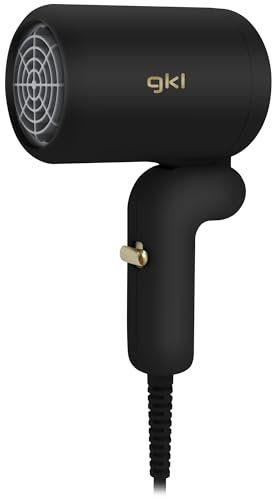 GKL Mini asciugacapelli da viaggio, 400 W, pieghevole, flusso d'aria calda fino a 70 °C per valigie, palestra, zaino e uso quotidiano. Mini essiccatore molto potente per le sue dimensioni (nero)
