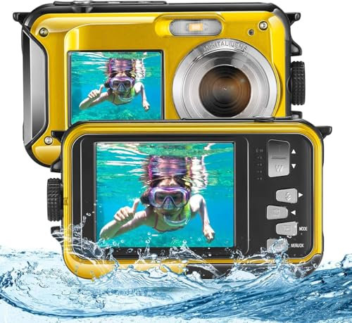 Helangel Appareil Photo Etanche Numérique,Full HD 2.7K 24MP Caméra sous-Marine Zoom Digital 16x Camera Etanche avec Double écran Caméra pour Adolescents Élèves Débutants Jaune