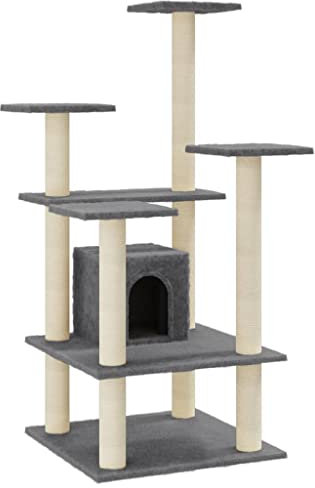 AUVYI Tiragraffi per attività con colonne in sisal, 60,5 x 60 x 110 cm, in legno e peluche, per animali domestici, per gatti, per graffi, arrampicata, seduti, nascondere, grigio scuro