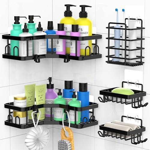 IMURZ Shower Caddy 5 Pack, Bathroom Storage Shelf Organiser No Drilling, Adhesive Shower Storage Rack with Soap Toothbrush Holder Set