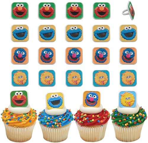 Sesame Street Rings, 24 Cupcake Toppers Featuring Elmo, Big Bird, Cookie Monster, Grover, Bright Colorful Cupcake Decorations, Food Safe - 24 Pack