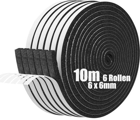 SDLDEER Skumtejp, självhäftande skumremsa 6 mm (B) x 6 mm (T) x 10 m (L) väderskalning dörrtätningsremsa, utkastuteslutare för fönsterdörr, anti-kollision, väderbeständig, fönsterljudisolering (6