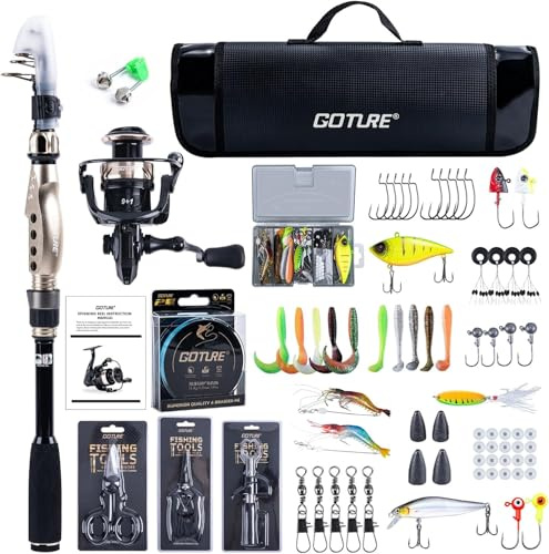 Goture Angelset Komplett, Teleskop-Brandungsrute aus Kohlefaser & Spinnrolle mit 9+1 gekapselten Kugellagern, inkl. Angelwerkzeuge, Rollentasche - Professionelles Angeln im Salzwasser