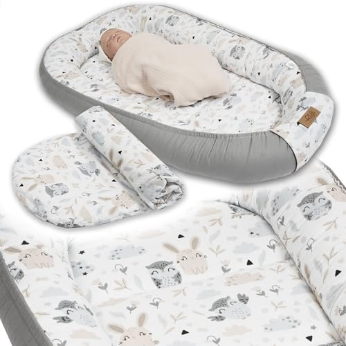 PaLulli Nido extra grande para bebés de 100 x 60 cm, juego con inserto extraíble de algodón, nido de peluche reversible para bebés, hecho a mano, transpirable y seguro (gris)