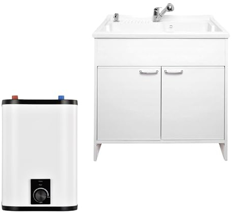 SIGO – genomströmningsvärmare-set, elektronisk kompakt boiler med badrumsskåp, handfatarmatur och dispenser, kontor, verkstad, fritidshus, butik, serviceutrymmen – 10 l