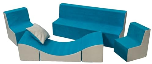 Conjunto de muebles para ninos: 2x sillón+sofá+sofá cama relajante (color: azul-beige)