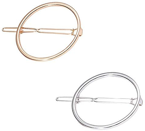 LASSUM 2 Pcs Minimalist Dainty Hollow Geometric Round Circle Metal Hairpin Hair Clip for Women and Girls on any Occasion (Gold & Silver)
