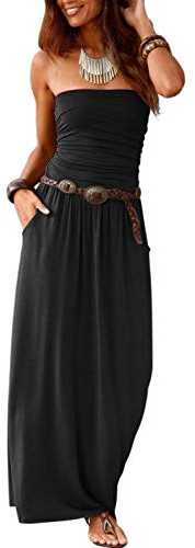 Alaster Queen Women’s Strapless Bandeau Summer Long Floral Dress Off Shoulder Beach Maxi Dress with Pockets (Black, Medium(US8-10))