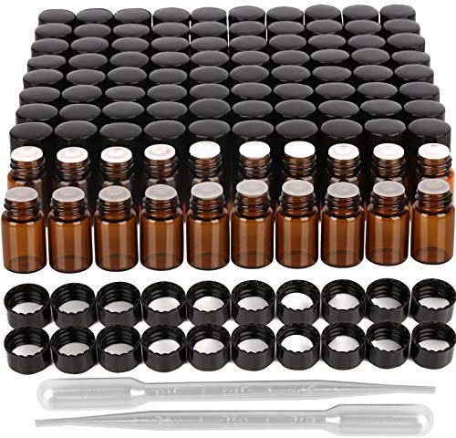 FANDAMEI 100 x 2 ml Braune Leere Glasflaschen, Fläschchen für Ätherische Öle, Mini Glasflasche mit Orifice Reducers, Perfekt für Ätherisches Öl, Spa, Massage, Aromatherapie
