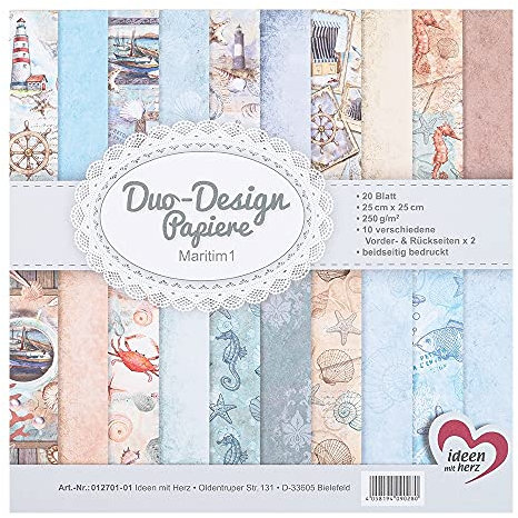 Ideen mit Herz Duo-Design-Papiere | Block mit 20 Blatt Bastelpapier | 25 x 25 cm | 250g/m² | beidseitig bedruckt | Designpapier, Motivpapier | ideal für Scrapbooking, Basteln (Maritim 01)