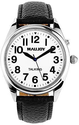MAUJOY Men's Talking Watch（(Black Leather + Zinc Alloy)） English Accent Time Announcement, Broadcasts Alarm, Time & Date, Designed for Elderly & Visually Impaired