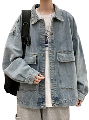 ORANDESIGNE Herren Jeansjacke Übergangsjacke Denim Jacket Freizeitjacke Oversize Vintage Retro Cargojacke Classic Street Style Oberbekleidung A Blau XXL