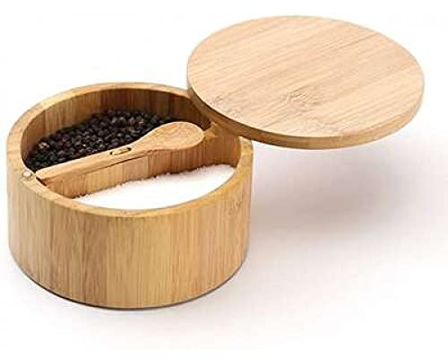 Bamboo Salt and Pepper 2-Component Glass + Bamboo Spoon, Bamboo Spice Tin, Diameter 12.5 x Height 6.6 cm, Food Storage, Gift Idea, Spice Dispenser