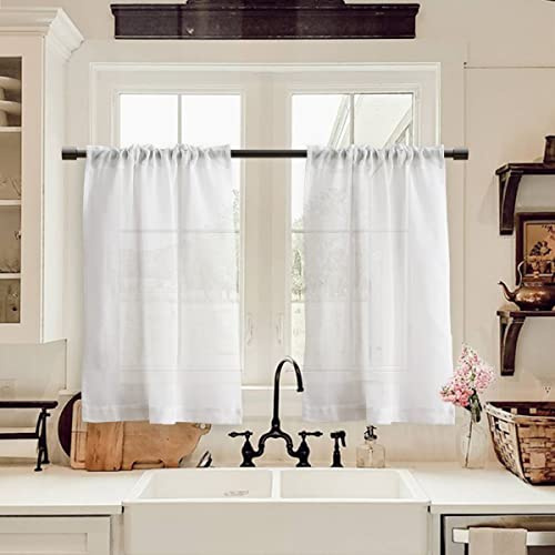 White Linen Kitchen Curtains 24 Inch Length Rustic Farmhouse Country Boho Short Cafe Semi Sheer Curtains Rod Pocket Tiers for Small Half Window Bathroom Shower Room Basement Laundry Room RV,2 Panels