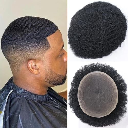 HAPPY&CC Toupee for Men Afro Kinky Curly French Lace Male Toupee African American Mens Wigs Human Hair Replacement System 4mm #1 Jet Black 8x10 Inch