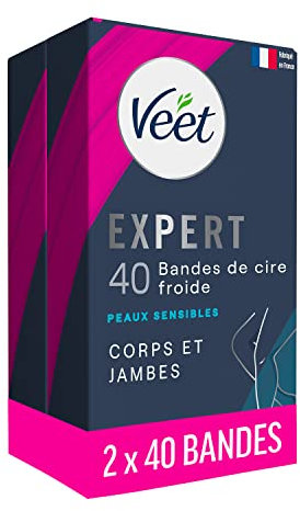 Veet Expert - Set di 80 strisce di cera fredda per corpo e gambe, per pelli sensibili