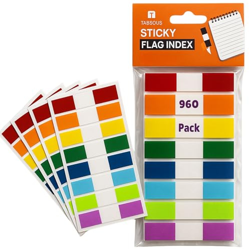 Tabsous 960 Sticky Tabs - Repositionable, Writable Index Tabs & Page Flags for Books, Files, and Notes - Transparent Colored Markers for Organizing, Highlighting, Classifying Documents (08 Colors)