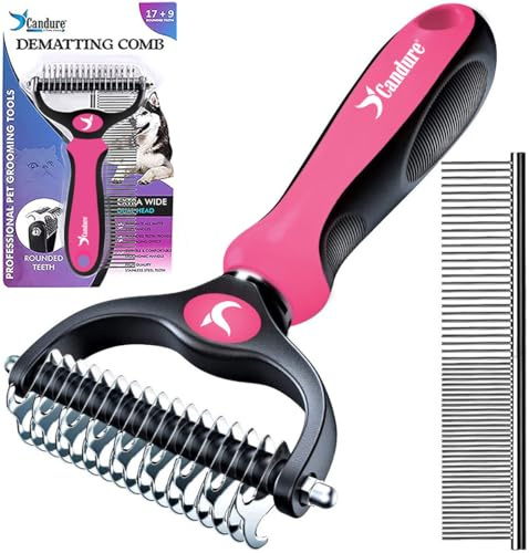 Candure Peine Perro y Cepillo Gatos Quita Corto Pelo Muerto de Mascotas Acero Inoxidable Cepillos de Aseo y Desenreda los Nudos para Pequeña, Medianas y Grandes Mascota (Rosa)