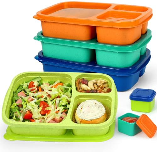 Caperci Bento Lunch Box Containers for Adults & Kids - 3-Compartment Reusable Meal Prep Containers with 2Pc Sauce Containers for School, Work, Travel, Wheat Straw, Set of 4 (Jewel Brights)